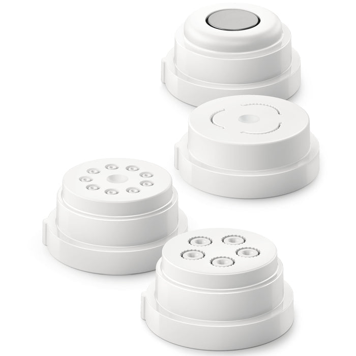 Set of four white cylindrical attachments for Philips pasta maker.