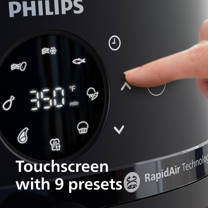 Philips kitchen appliance with touchscreen interface and RapidAir Technology branding.