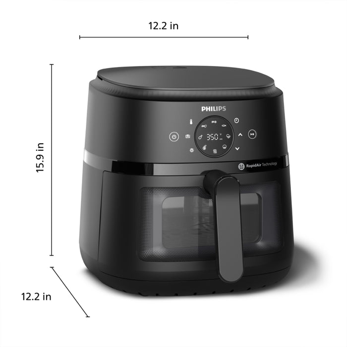 Black Philips air fryer with dimensions labeled on a white background