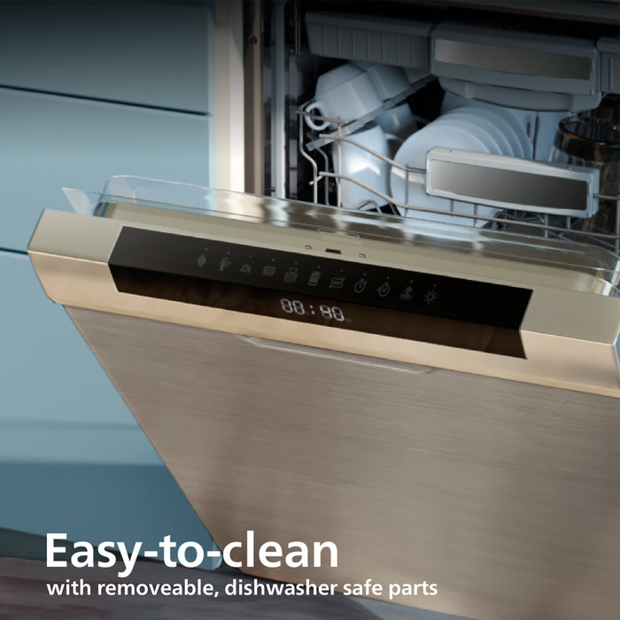 Close-up of a stainless steel dishwasher with the door open, showing the interior racks and dishes inside. Text at the bottom reads 'Easy-to-clean with removable, dishwasher safe parts.