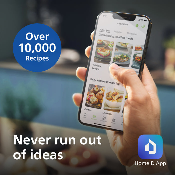 A hand holding a smartphone displaying the HomelID recipe app, with promotional text reading 'Over 10,000 Recipes' and 'Never run out of ideas,' plus the HomelID App logo.