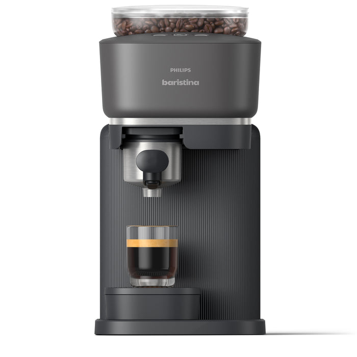 Philips Baristina dark gray automatic coffee machine with a bean hopper on top and a glass of espresso below, shown on a white background.