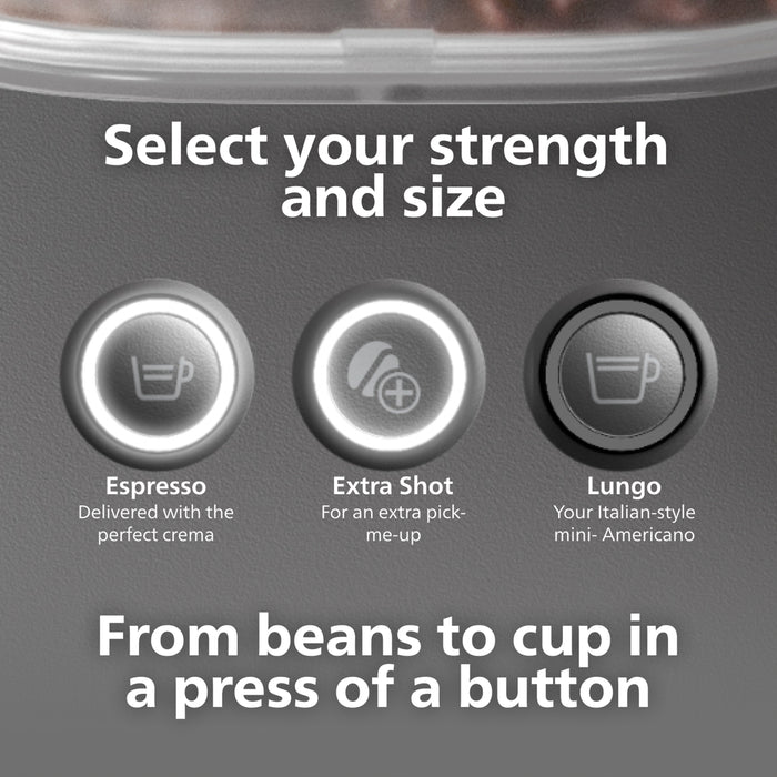 Coffee machine control panel with buttons for different coffee strengths and sizes.