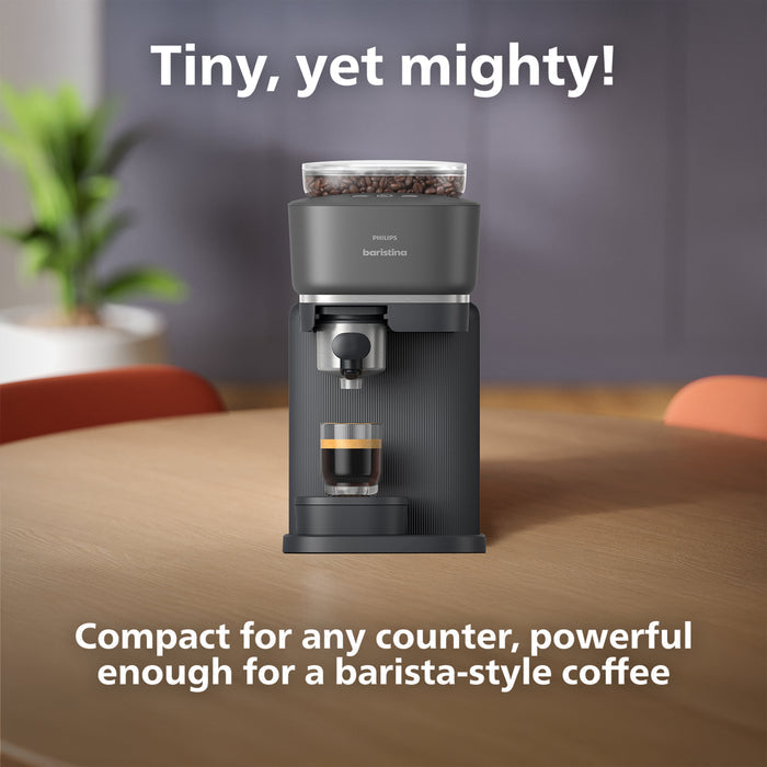Compact coffee grinder on a table with text highlighting its power and compact size.
