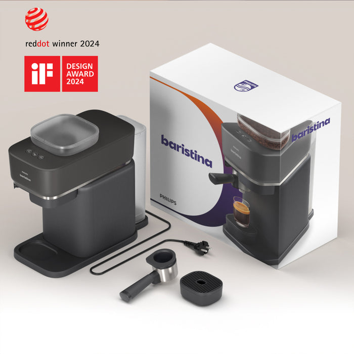 Philips barista coffee machine with packaging and accessories on a light background, featuring design awards.
