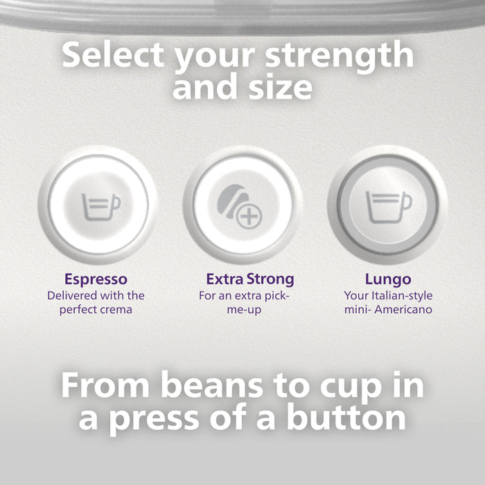 Showing buttons on espresso machine: Espresso, Extra Strong and Lungo
