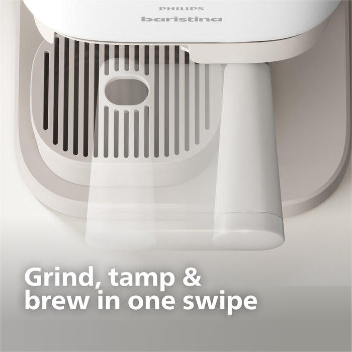 Philips baristina coffee machine with text 'Grind, tamp & brew in one swipe' on a light gray background
