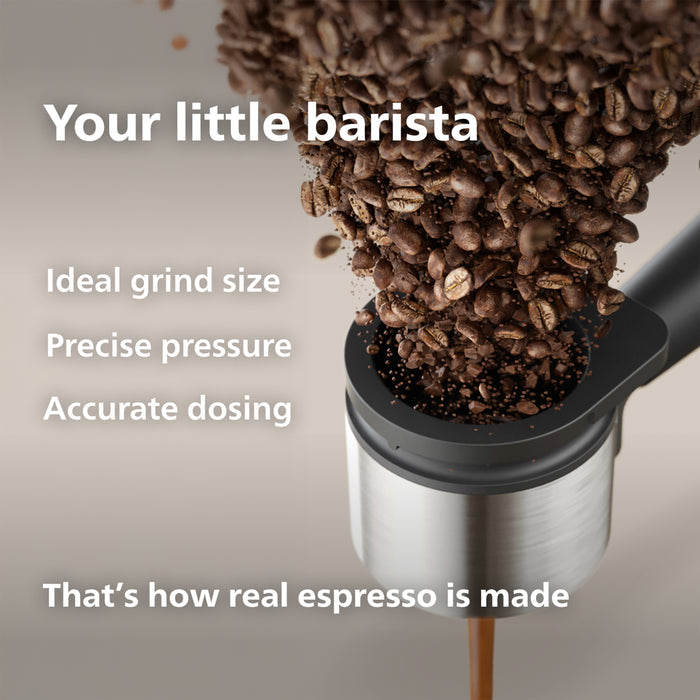 Coffee grinder with coffee beans and text about espresso making