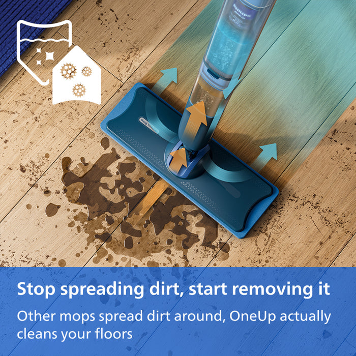 A blue and teal OneUp floor cleaner shown on a wooden floor, with a large brown spill being lifted. The image includes graphic overlays showing a clean floor icon, house icon, directional arrows, and a blue text banner at the bottom.