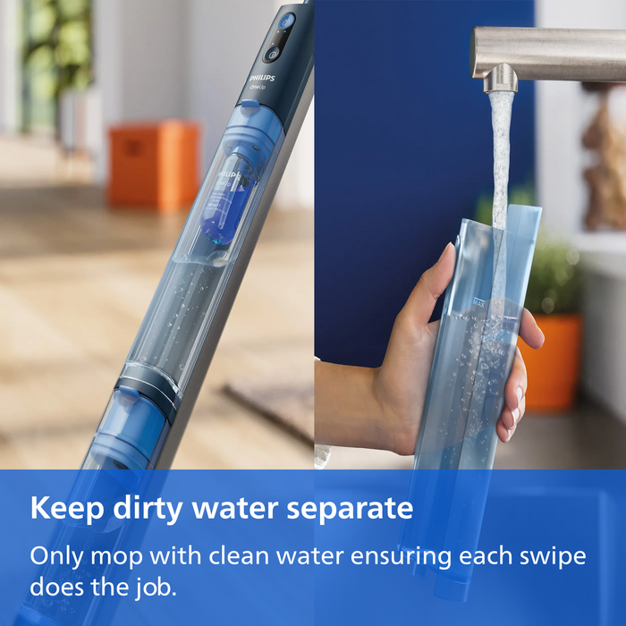 Philips cordless stick vacuum cleaner in close-up and a hand holding a clear collection container under running water. Text at the bottom reads, 'Keep dirty water separate.