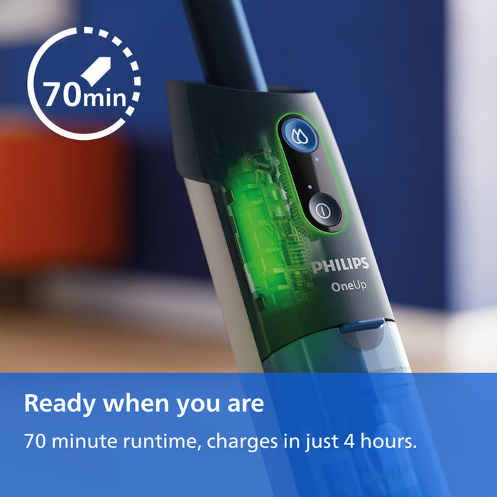 Philips Onelup cordless floor cleaner shown close-up with a blue and green body, featuring a 70-minute runtime badge and promotional text about charging and runtime.