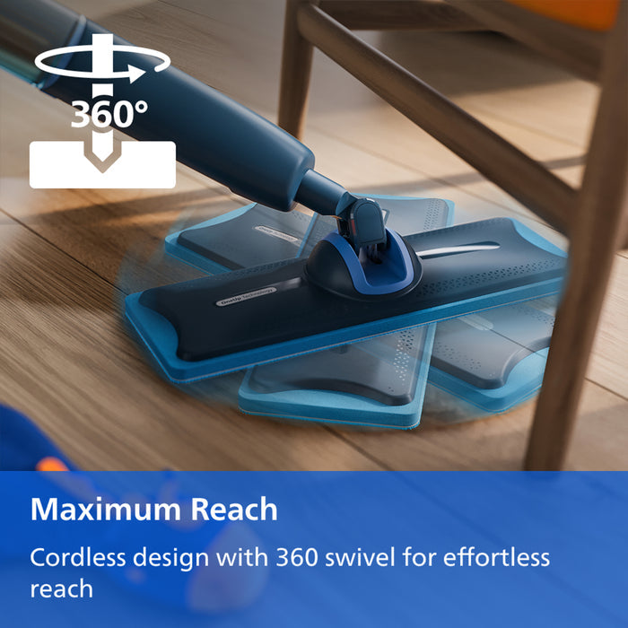 A cordless floor mop shown in a real indoor setting under a wooden chair on a wood floor, with overlaid marketing text and a 360° swivel graphic.