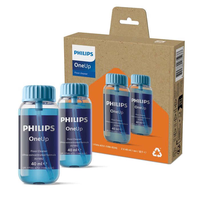 Three bottles of Philips OneUp floor cleaner with blue caps and blue liquid, shown in front of their brown cardboard retail box on a white background.