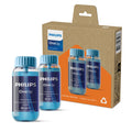 Three bottles of Philips OneUp floor cleaner with blue caps and blue liquid, shown in front of their brown cardboard retail box on a white background.