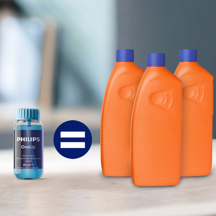 Three orange bottles with blue caps and a smaller blue bottle labeled 'Philips OneUp' on a blurred background.