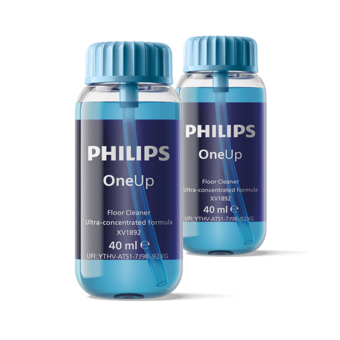 Two Philips OneUp floor cleaner bottles on a white background