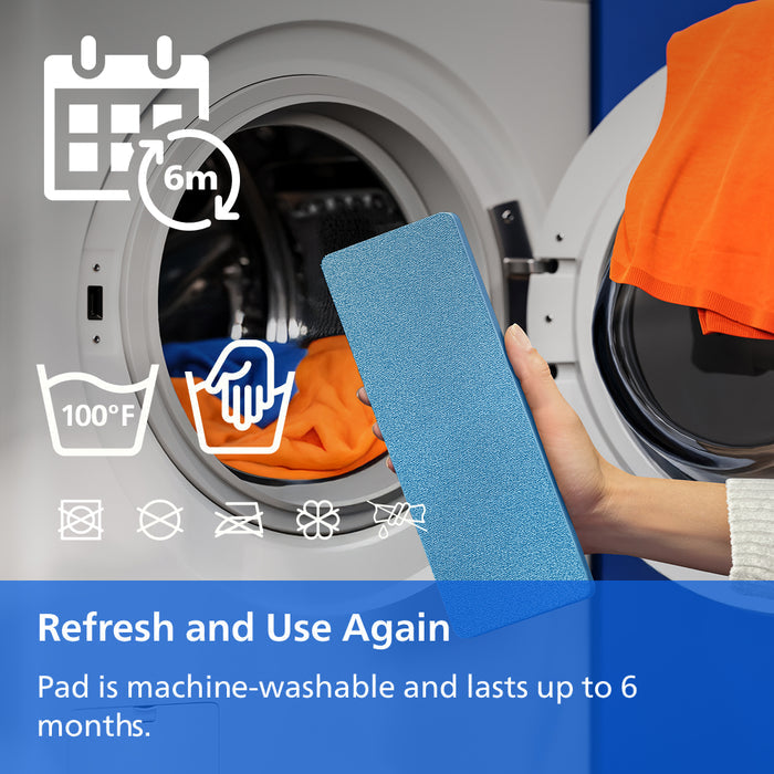 A person holds a blue textured fabric pad in front of an open washing machine with orange laundry inside. White icons and text call out features like 6-month durability, 100°F wash, and reusability.
