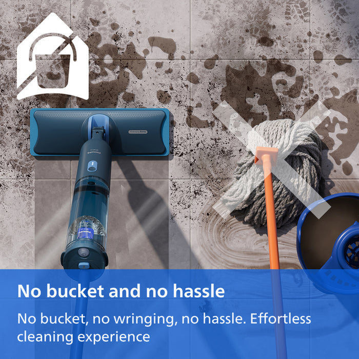 A cordless floor cleaner shown on a tiled floor next to a mop and bucket, with a blue banner at the bottom reading 'No bucket and no hassle' and a white icon indicating no bucket is included.