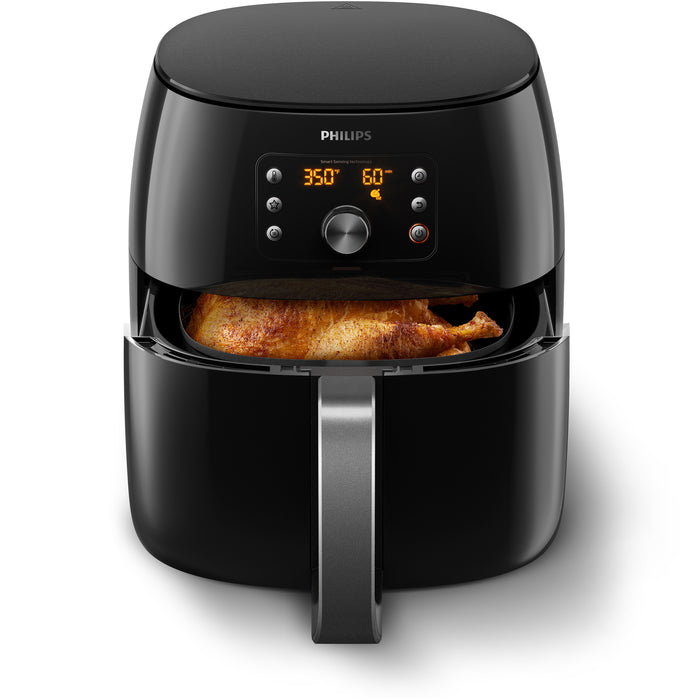 Black Philips air fryer with digital display showing temperature and time settings, on a white background.