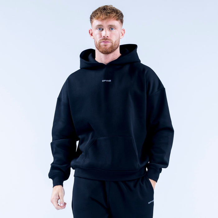 Black graphic hoodie with small chest logo and front pocket