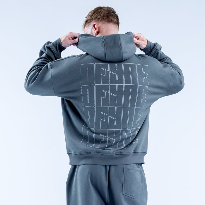 Slate blue hoodie with large back geometric graphic and hood