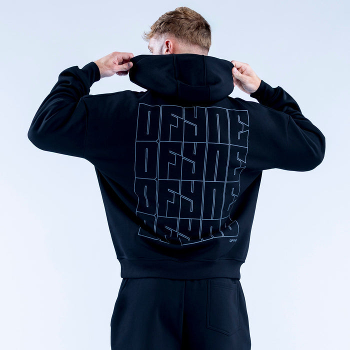 Black hoodie with large geometric back graphic and hood