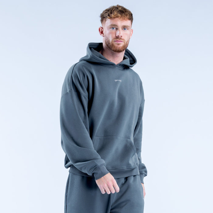 Slate blue graphic hoodie with hood, kangaroo pocket, and ribbed cuffs
