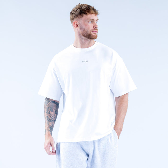 White graphic T-shirt with small chest logo, short sleeves