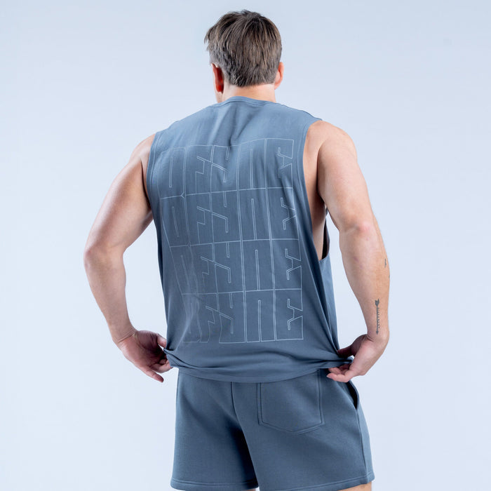 Men's blue sleeveless graphic tank top, back view with large geometric print