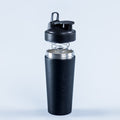 Black shaker bottle with screw lid and carry loop