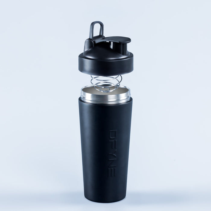 Black shaker bottle with screw lid and carry loop