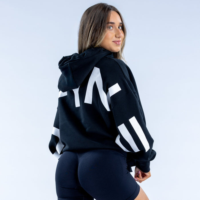 Dark navy hoodie with large white back print and kangaroo pocket, hood down.