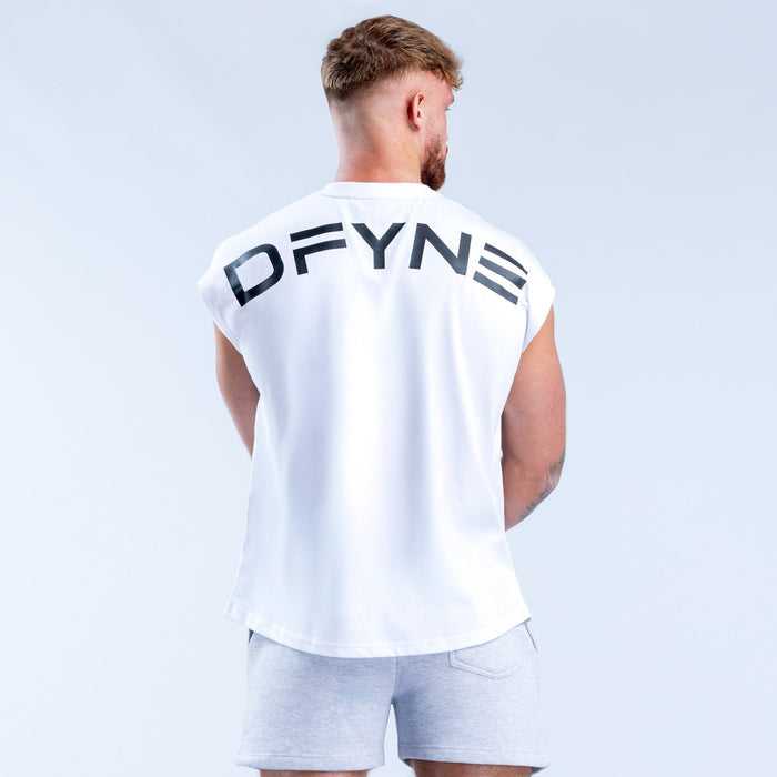 White sleeveless tank top with large stylized logo across the back