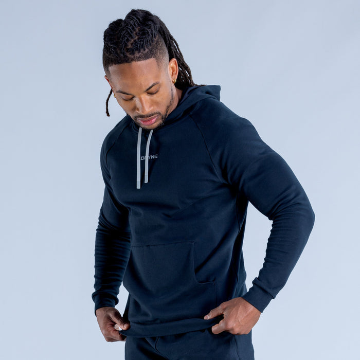Navy midweight hoodie, side view, with drawstring hood and kangaroo front pocket