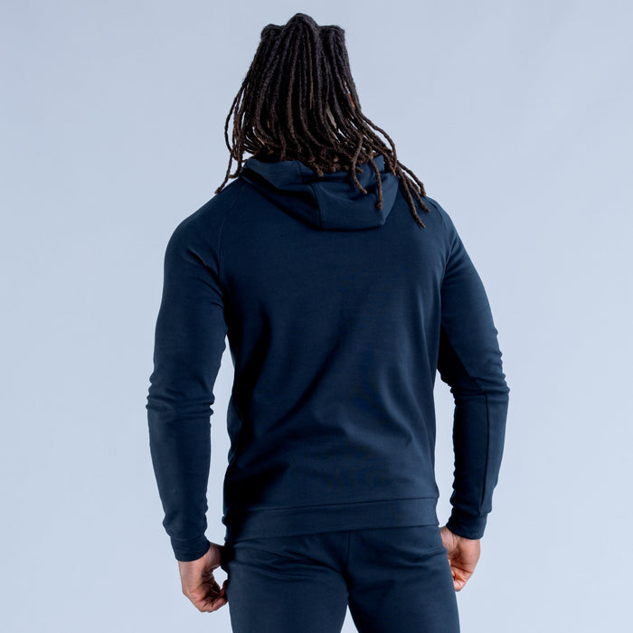 Navy midweight pullover hoodie, back view, with hood and kangaroo pocket