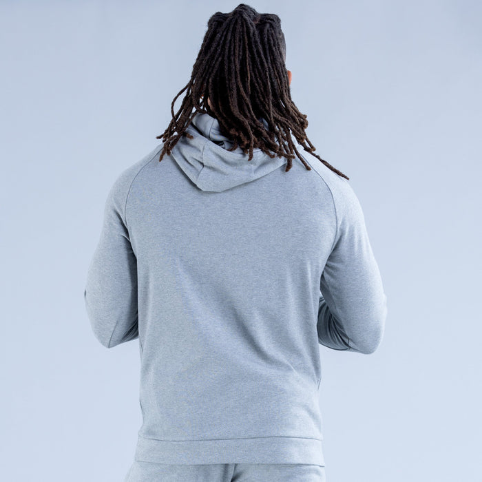 Light gray midweight pullover hoodie, back view, hood with drawstrings