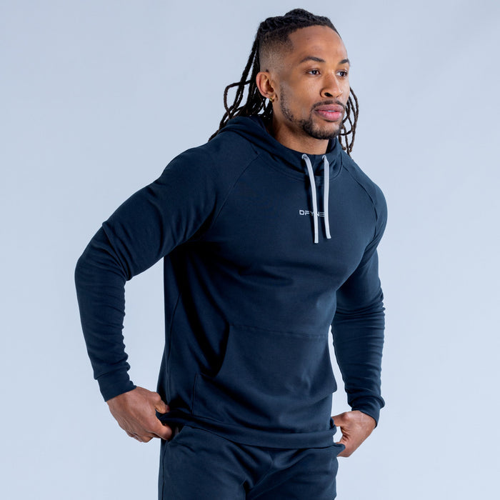 Navy midweight pullover hoodie with drawstring hood and small chest logo