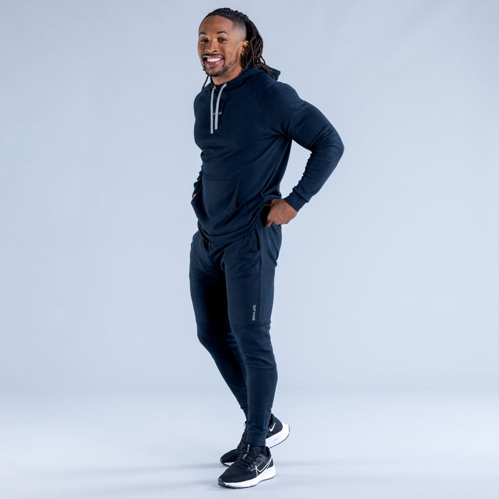 Navy midweight hoodie in full body view with drawstring hood and front pocket