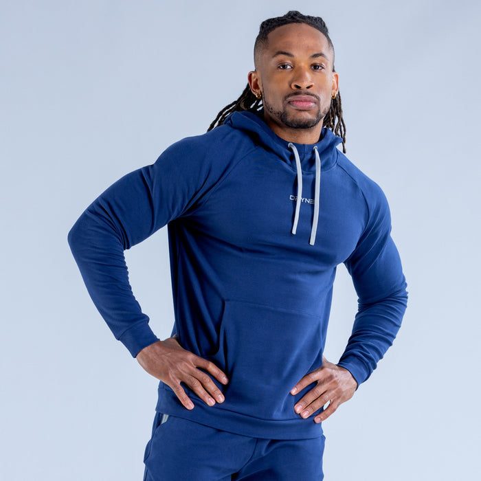 Royal blue hoodie with drawstring hood, kangaroo pocket, and small chest logo
