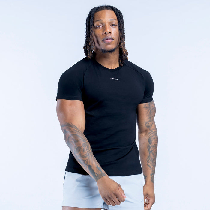 Black crew-neck short-sleeve T-shirt with small chest logo