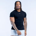 Black crew-neck short-sleeve T-shirt with small chest logo