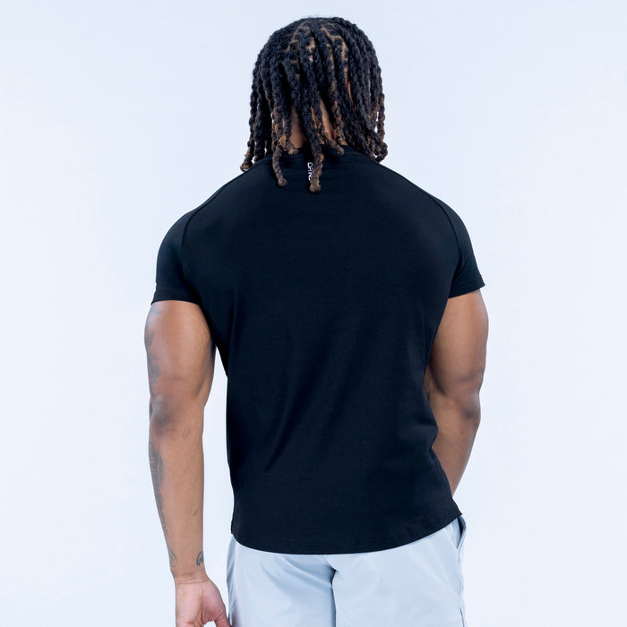 Black crew-neck short-sleeve T-shirt, back view