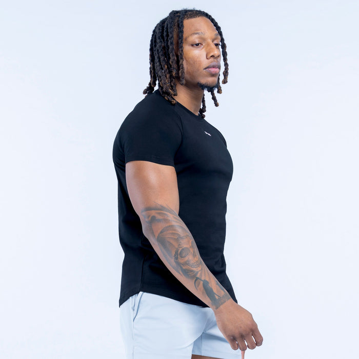 Black crew-neck short-sleeve T-shirt, side profile