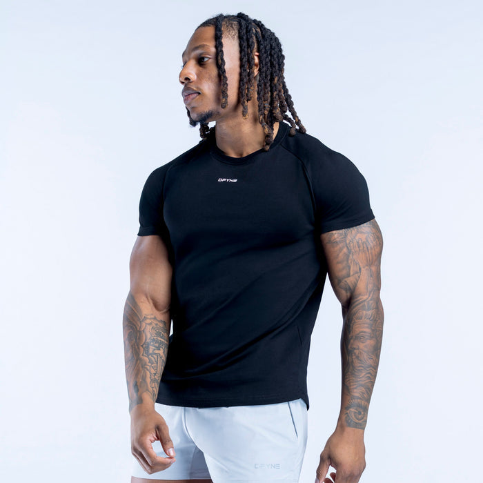 Black crew-neck short-sleeve T-shirt with minimal chest logo