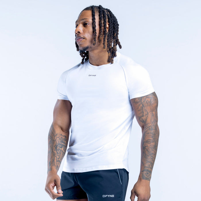White crew-neck short-sleeve t-shirt with front logo