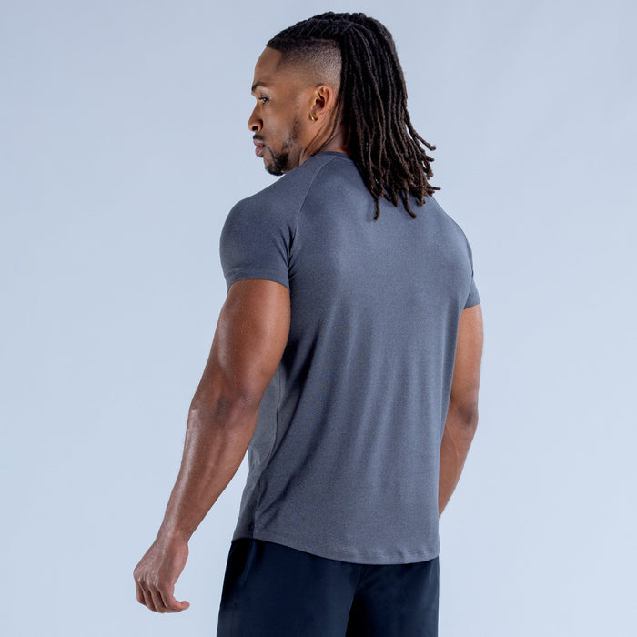 Men's training T-shirt, dark gray crew neck, side view with short sleeves