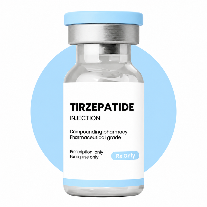 Vial of Tirzepatide injection with a blue circle background