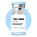 Vial of Tirzepatide injection with a blue circle background