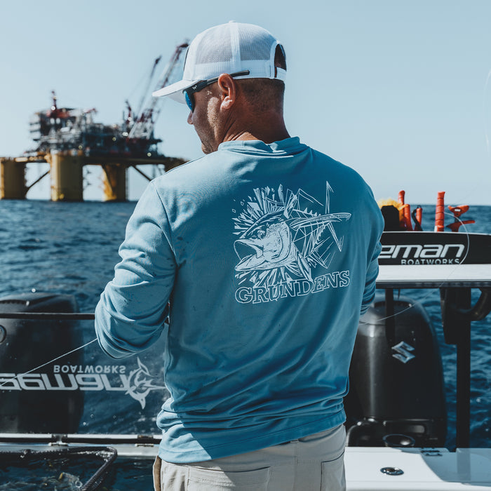 Tuna Torpedo LS Tech Tee Captain's Blue Front View – Grundens