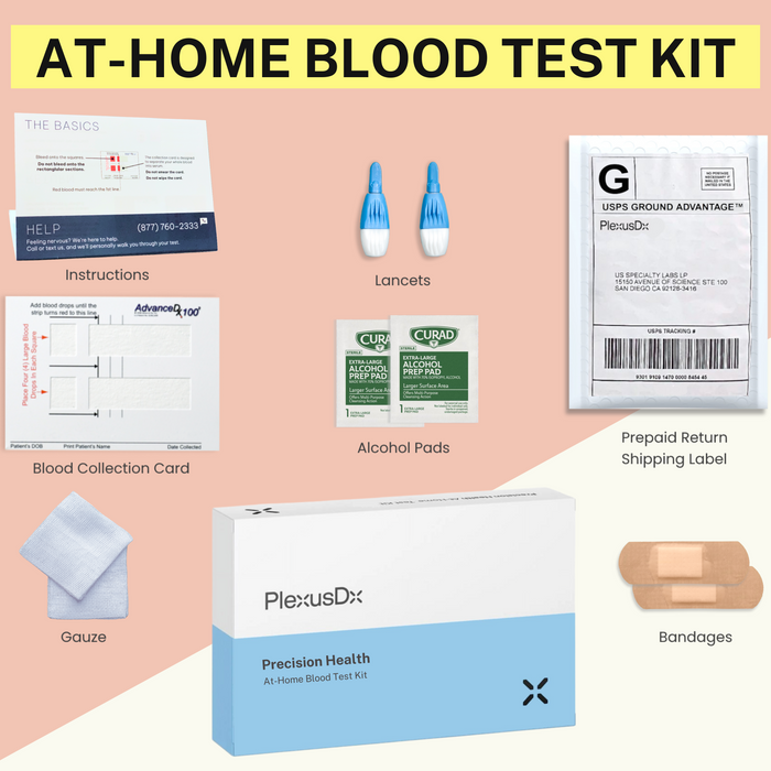 PlexusDx at-home blood test kit contents: instructions, lancets, collection device, biohazard bag, and prepaid return mailer
